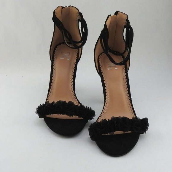 Black Strappy 4" Heels Faux Suede Flower Accents 3 Straps Heel - Picture 2 of 14
